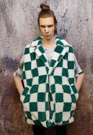 Check fleece jacket handmade 2 in 1 fluffy chess coat green