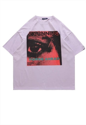 Warning print t-shirt stared eye tee punk poster top white