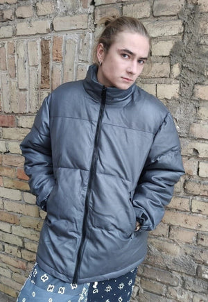 Faux leather quilted bomber PU padded puffer jacket in blue