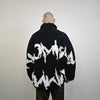 Graffiti fleece jacket Goth bomber grunge raver coat dark aesthetic raised neck tracktop oversize batwing jumper punk rocker overcoat black