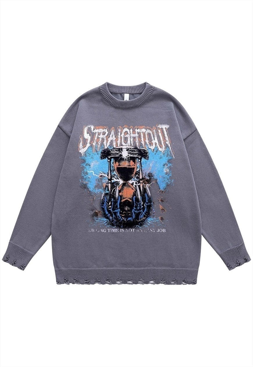 Retro print sweater spooky jumper ripped knitted time top