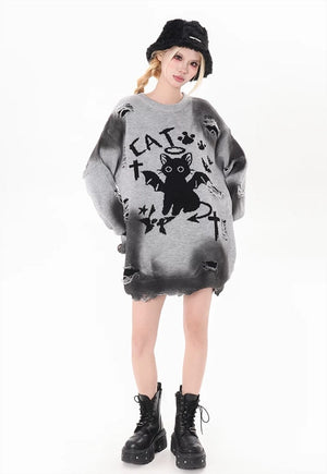 Devil cat sweater Gothic jumper black kitten knitted top