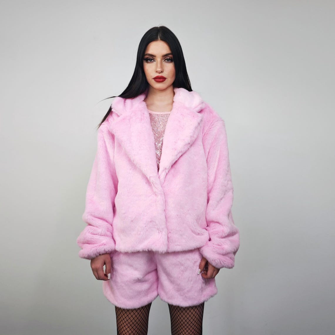 Short faux fur coat pastel pink fuzzy trench hairy crop jacket detachable sleeves handmade solid pattern party overcoat fluffy festival set