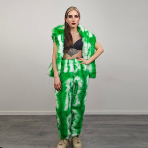 Green faux fur jacket tie-dye hooded short coat abstract rave pullover fluffy detachable sleeves custom festival overcoat burning man fleece