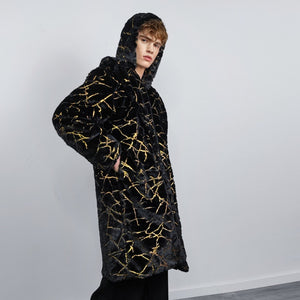 Golden foil long coat hooded metallic painted trench going out bomber detachable party fleece removable sleeves burning man jacket in black