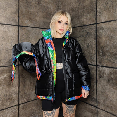 Bandanna bomber handmade detachable paisley puffer devil horn jacket cashew print coat two sided jacket in rainbow