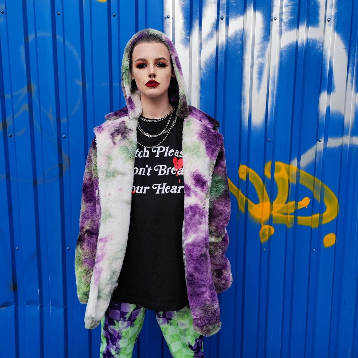 Tie-dye fleece coat green purple faux fur gradient trench grunge overcoat detachable handmade rave puffer festival bomber Coachella jacket