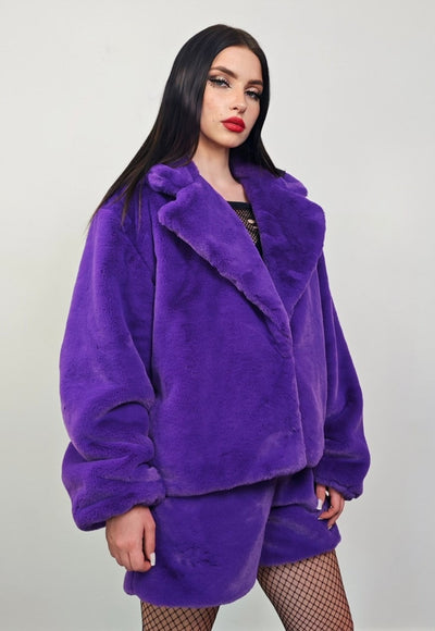 Short faux fur trench purple coat cropped fleece rave jacket