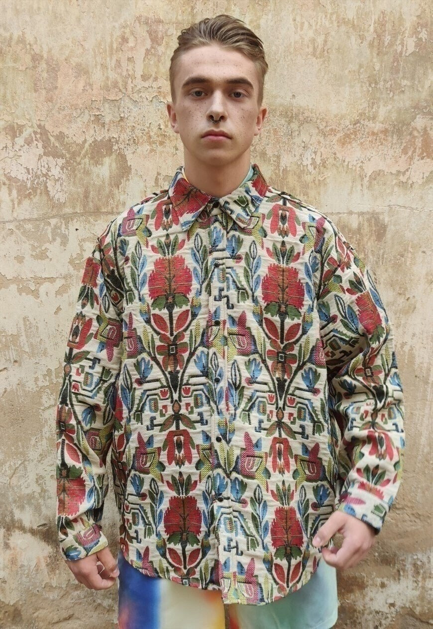 Aztec print thick shirt loose retro floral jacket in brown