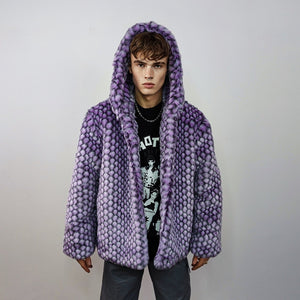 Hooded checked faux fur jacket geometric bomber bright raver coat fluffy winter fleece festival trench neon burning man overcoat in purple