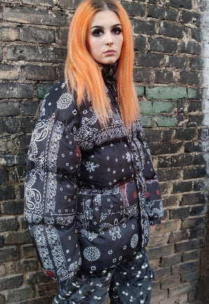 Paisley bomber tie-dye bandanna print scarf puffer jacket