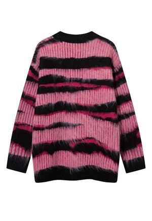 Fluffy striped cardigan fuzzy zebra jumper knitted top grey