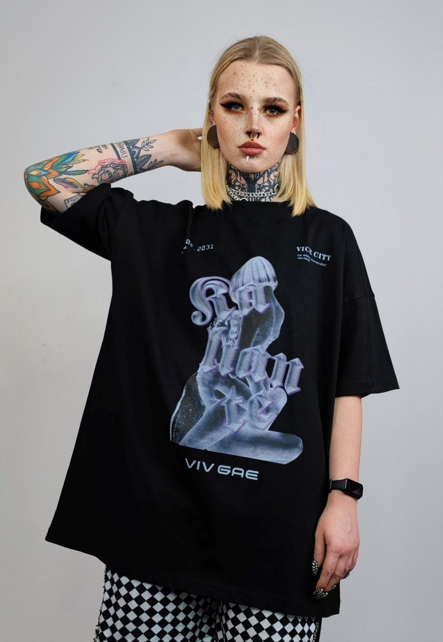 Couples t-shirt anime print tee kissing raver top in black