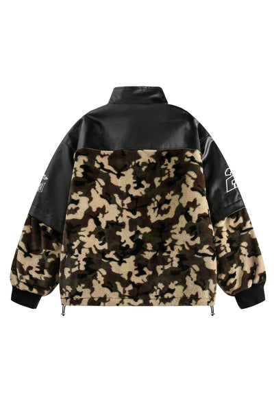 Camo fleece bomber military puffer contrast stitching coat