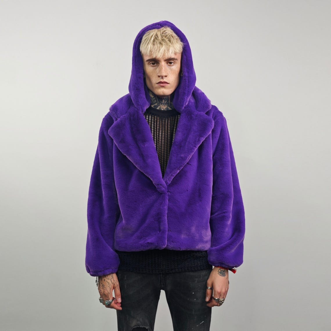 Short faux fur coat purple soft fleece trench luxury crop jacket detachable sleeves handmade pattern party overcoat fluffy festival set