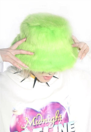 Festival faux fur bucket hat fluffy neon hat rave cap lime