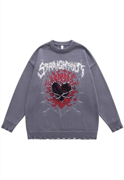 Gothic sweater ripped jumper heart print knitted top black