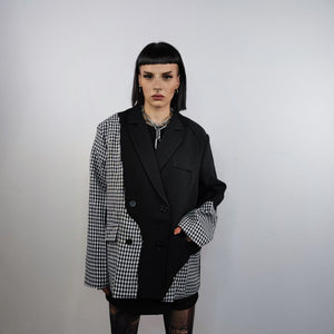 Check print blazer houndstooth jacket reworked catwalk coat high fashion plaid bomber contrast stitching gingham blazer in black and white