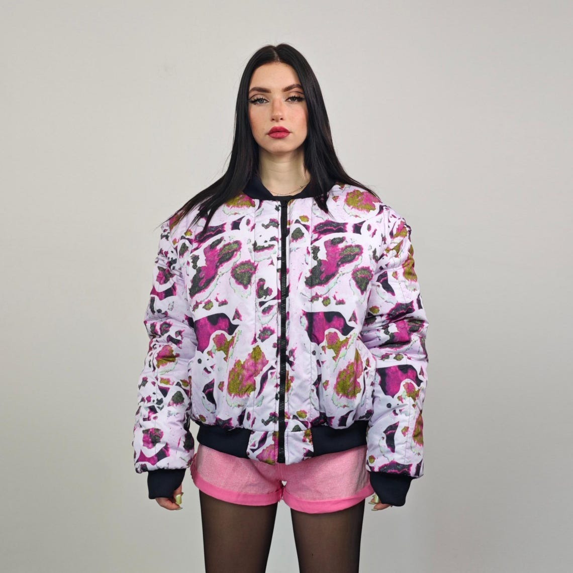 Vertical stripe bomber black white Beetlejuice jacket creepy reversible college varsity detachable sleeves handmade horror fan grunge coat