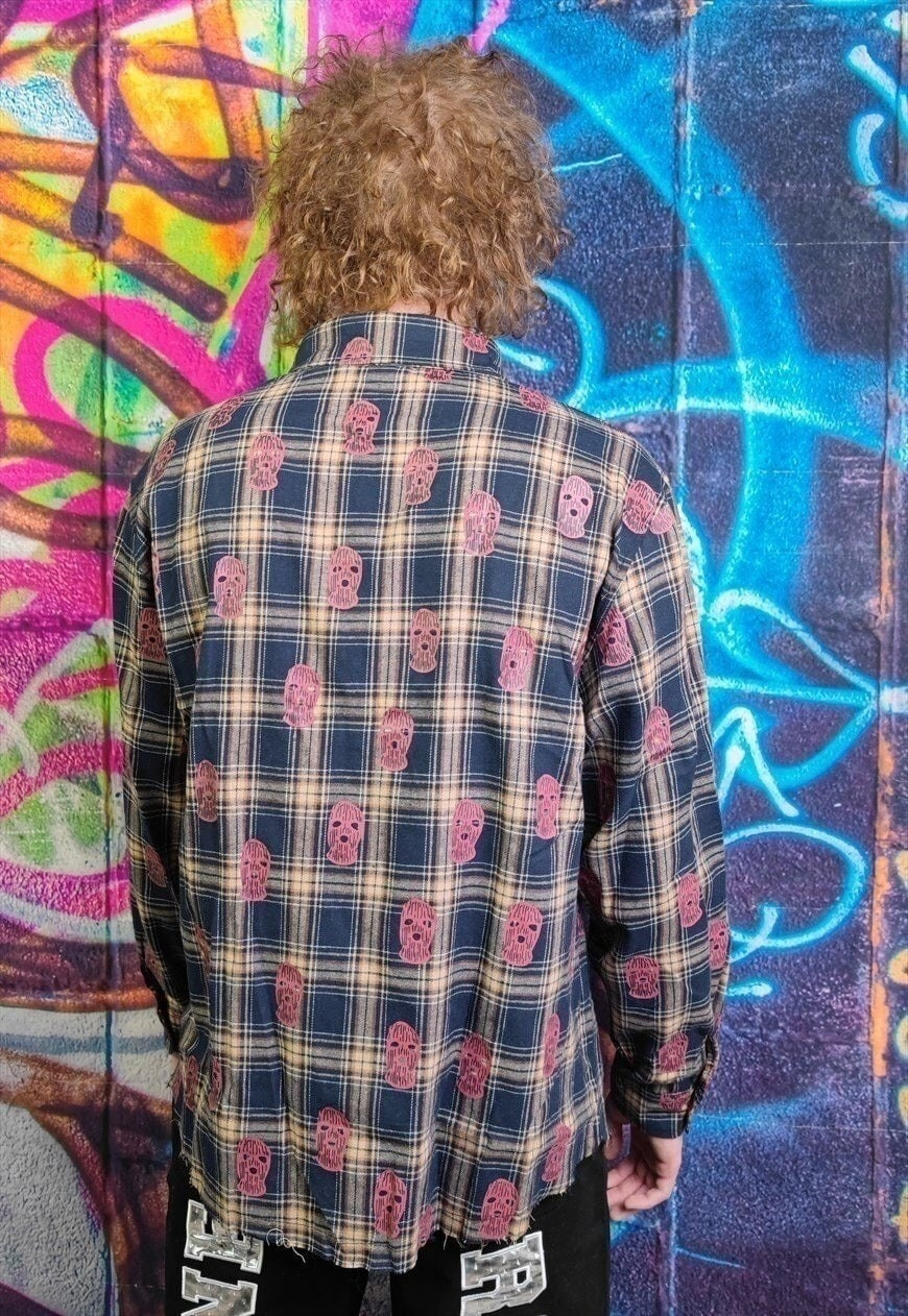 Balaclava patch shirt tartan check top in brown blue