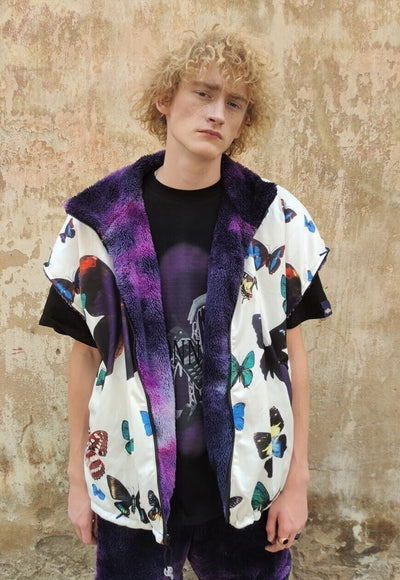 Reversible fleece jacket detachable handmade Tie-dye bomber