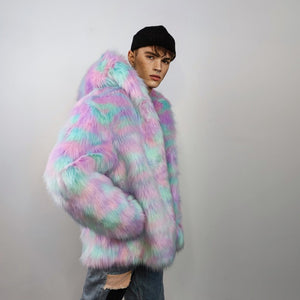 Hooded candy faux fur jacket unicorn bomber neon raver puffer fluffy tie-dye fleece psychedelic festival coat burning man party trench pink