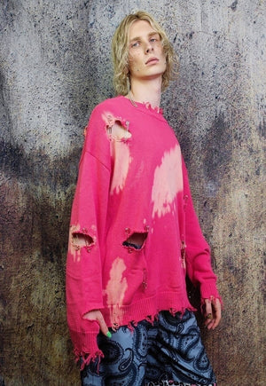 Ripped tie-dye sweater gradient bleached jumper in pink