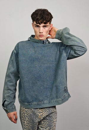 Denim sweatshirt acid blue round neck retro jean pullover