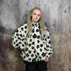 Floral fleece jacket handmade detachable daisy fluffy geometric bomber faux fur sunflower coat in 2 in 1 festival jacket cream black