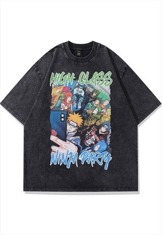 Anime print t-shirt Naruto tee retro Japanese top in grey