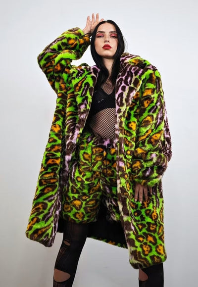 Leopard fauxfur coat green neon animal print festival trench