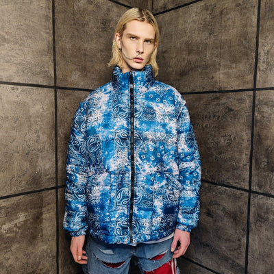 Paisley bomber handmade detachable bandanna puffer tie-dye jacket cashew print coat two sided jacket in blue