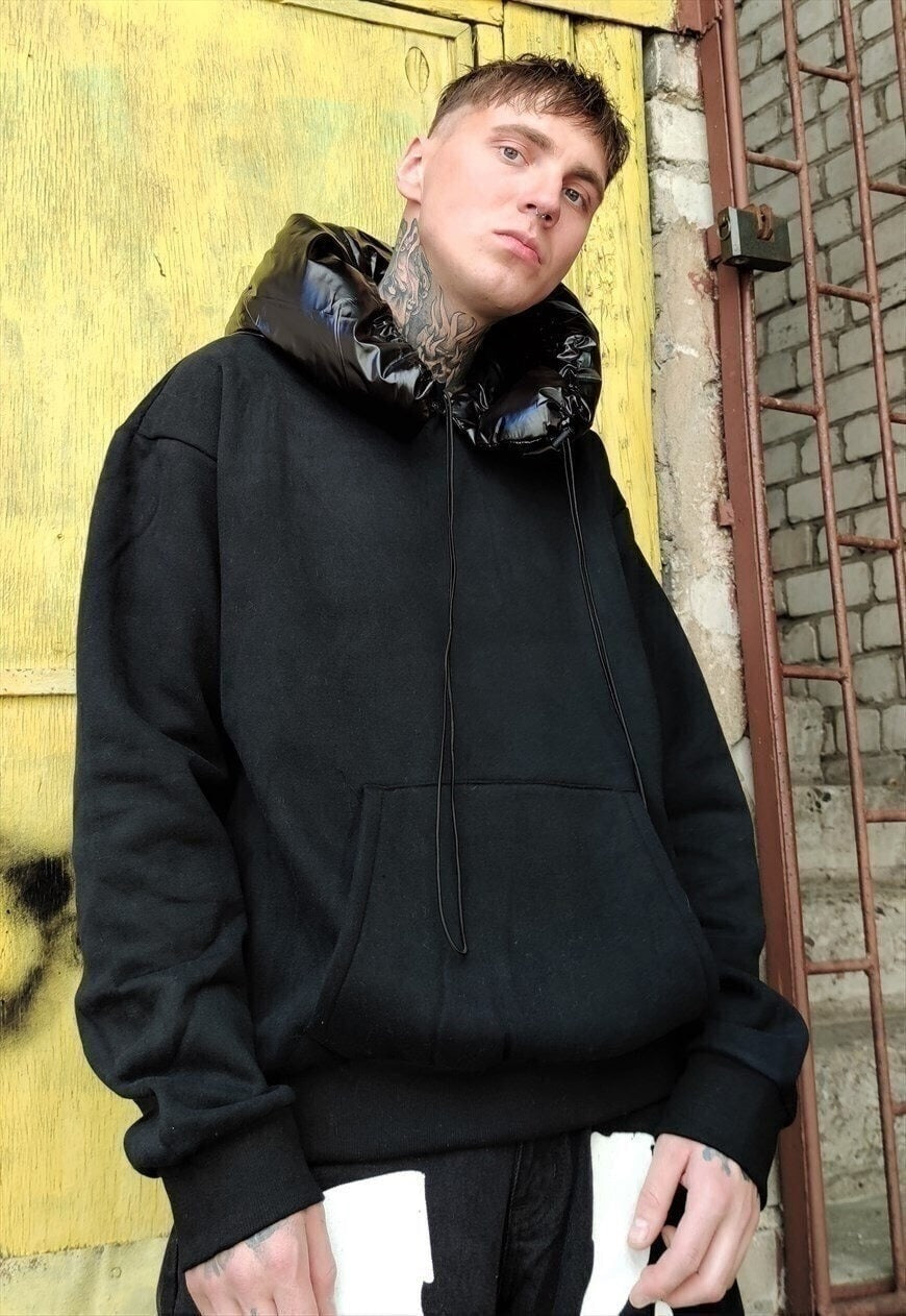 Technical padded hoodie velvet look rave hooded jumper black