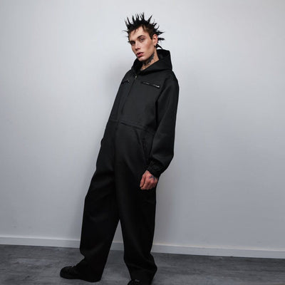 Hooded utility boilersuit workwear coveralls zip up racing jumpsuit cyber punk dungarees going out one-piece suit catwalk smock in black