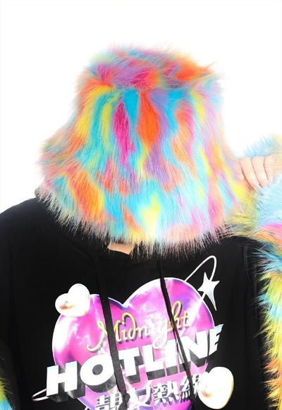 Festival faux fur bucket hat fluffy neon hat Gay rainbow cap