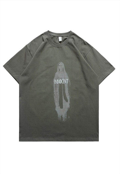 Innocent slogan t-shirt Virgin Mary tee saint top in black