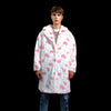 Cow print long coat hooded spot trench fluffy rave bomber detachable fleece festival removable sleeves burning man jacket pastel pink