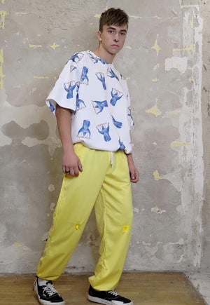 Heart embroidery joggers thin bright overalls in yellow