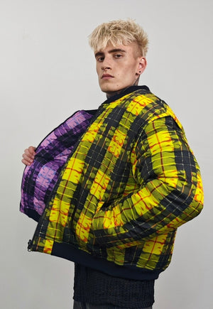 Tartan check varsity jacket yellow flame reversible bomber