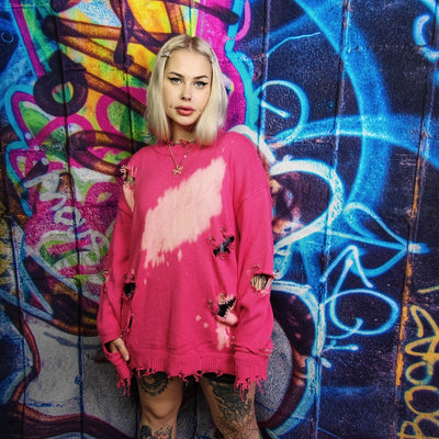 Tie-dye distressed sweater knitted ripped top paint splatter bleached jumper metal pin pullover long sleeve barbie top gradient sweater pink