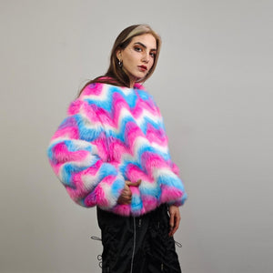 Pink faux fur coat short striped collarless jacket unicorn trench fluffy detachable sleeves handmade festival overcoat burning man fleece