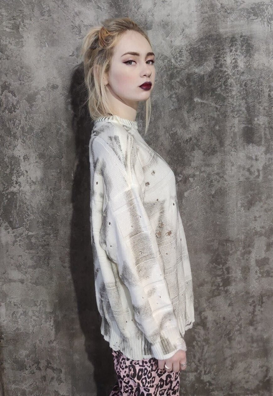 Ripped knitted sweatshirt distress knitwear jumper grey oil