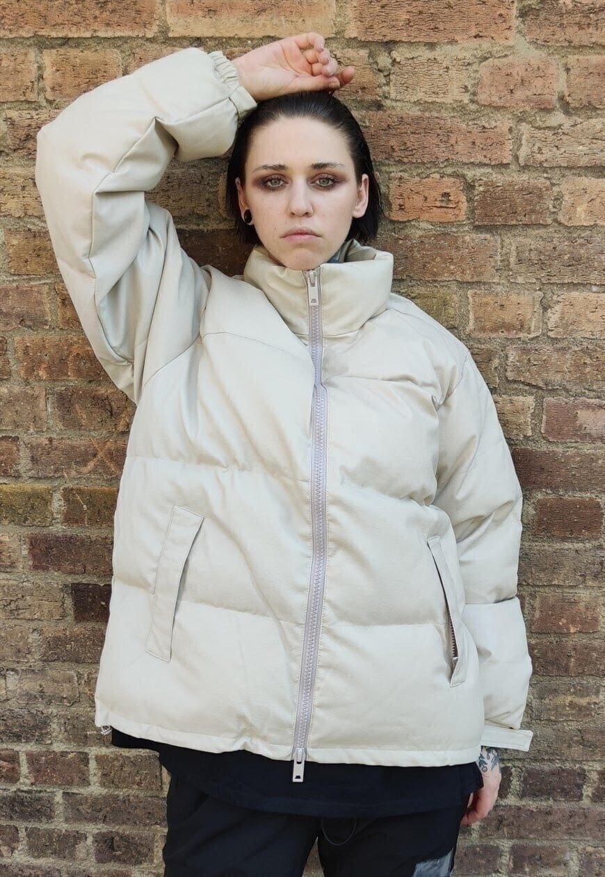Faux leather quilted bomber rubber feel padded jacket cream