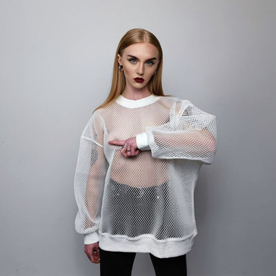 Transparent mesh top long sleeve sheer jumper net sweatshirt see-through punk jumper structured going out party t-shirt catwalk tee in white