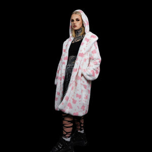 Cow print long coat hooded spot trench fluffy rave bomber detachable fleece festival removable sleeves burning man jacket pastel pink