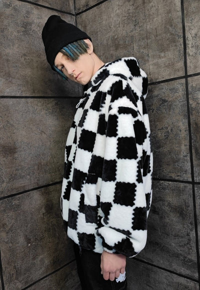 Checkerboard fleece jacket detachable check jacket in white