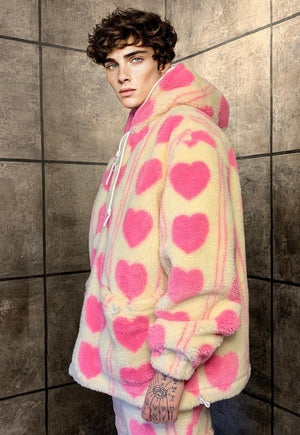 Pink heart fleece jacket handmade detachable puffer in cream