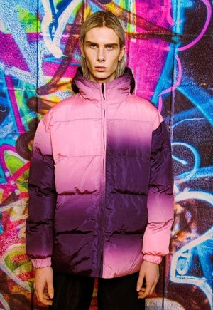 Tie-dye bomber gradient puffer jacket in faded purple pink