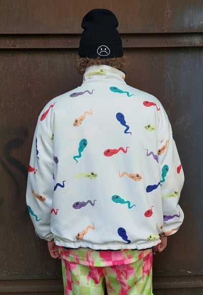 Cat fleece jacket handmade reversible cartoon bomber white