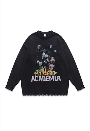 Academia sweater knitted distressed Anime print jumper grey